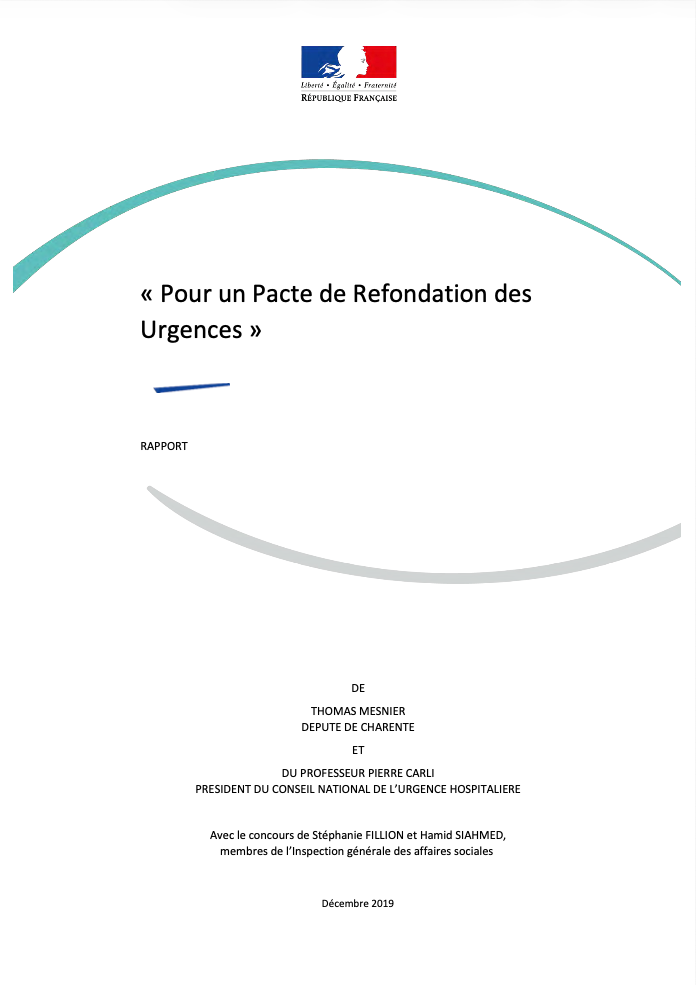 Couverture du rapport Mesnier/Carli 2019, Pour un Pacte de Refondation des Urgences